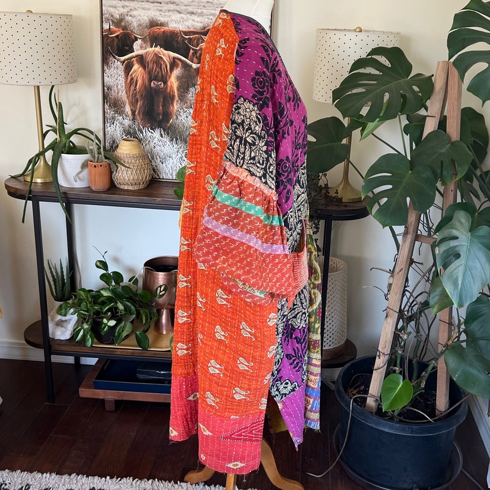 Kantha India Sari Colorful Bell Sleeve Kimono Robe OS NWOT - Picture 13 of 16